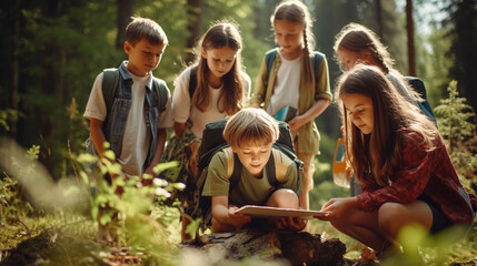 Group of kids doing activity in the forest.