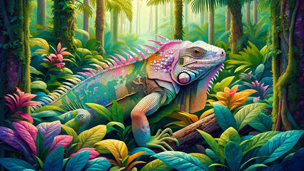 カラフルなポリゴンで描かれたイグアナ。パターン15 - obrazy, fototapety, plakaty