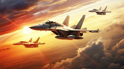 Group of four jet fighter planes flying sun shining