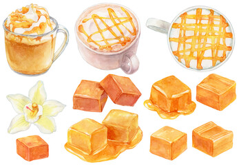 キャラメルマキアートとキャラメルの素材集　水彩画　ラテ　カフェの飲み物 © 中沢アサカ /Aasaka Y