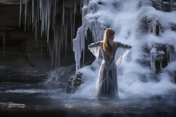 Icy Cascade: Photograph the fairy near a frozen waterfall, highlighting the glistening ice formations and the fairy's graceful movements.