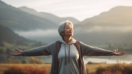 Carefree older women smiling with mountain and sunny background. - obrazy, fototapety, plakaty