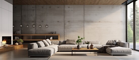 Stylish contemporary house with cement interior and living room. - obrazy, fototapety, plakaty