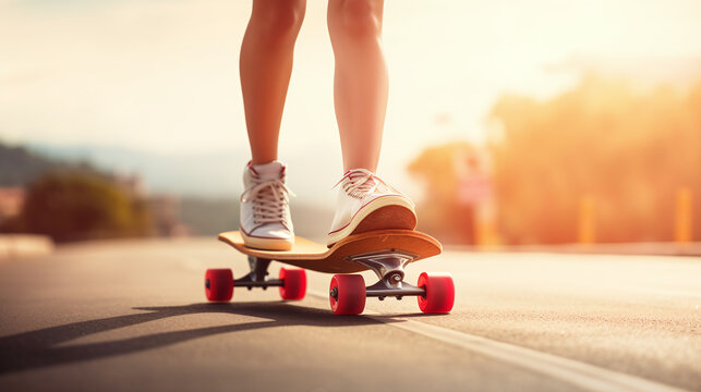 Girl riding skateboard.