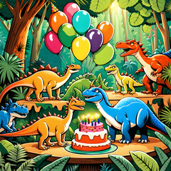 Dinosaurs having a birthday party in the forest, generative ai