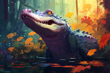 painting style landscape background, a crocodile in the forest - obrazy, fototapety, plakaty