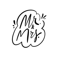 Fototapeta premium Hand drawn script Mr and Mrs lettering text. Black color vector art.