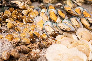 Many types of shellfish are frozen to be sold in the market for cooking.