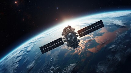 Satellite under the planet 3d rendering image