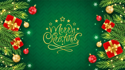 Merry Christmas and Happy New Year greeting background with Christmas branch, balls, snowflakes. For sale, banner, posters, cover design templates, social media wallpaper stories
