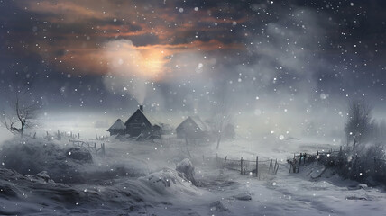 winter landscape, snowfall in nature calm quiet sunset, snowflakes slowly falling, wildlife background