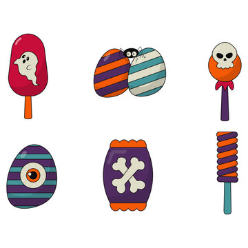 Set of Different Halloween Candy. With Spooky Cartoon Design. Vector Icon