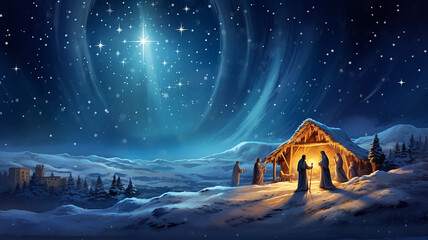 biblical landscape night under the Christmas star, the birth of the savior, sign prediction symbol, religious christian plot,  computer graphics - obrazy, fototapety, plakaty