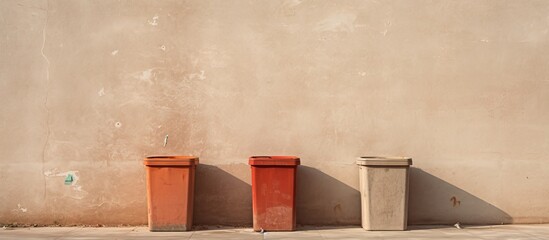 Outdoor garbage bins next to a wall made of concrete. - obrazy, fototapety, plakaty