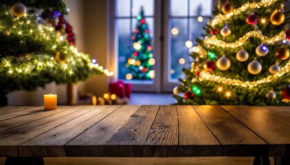 Fototapeta na wymiar an empty wooden table with a backdrop of Christmas joy, a beautifully lit tree, joyful Christmas table scene, christmas tree with gifts and decorations