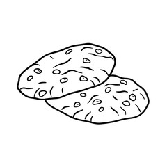 Chocolate chip cookies outline illustration isolated on white background. Classic sweet doodle isolated on white