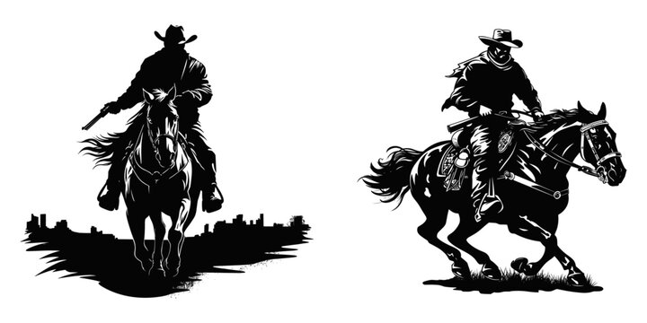 Cowboy riding horse and wearing hat set, vector illustration.