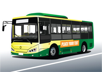 Green-yellow City bus on the road. Vector 3d illustration