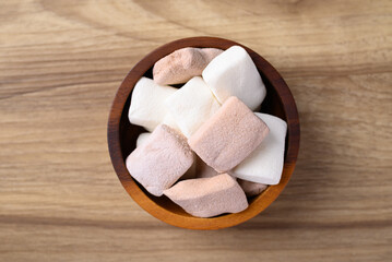 Marshmallow chocolate and vanilla in bowl on wooden background, Table top view