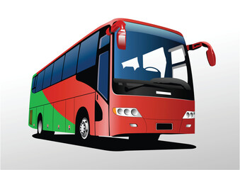 Red-yellow  City bus on the road. Coach. Vector 3d hand drawn  illustration
