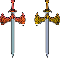 Vector sword illustration with ornament and wings