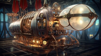 A steampunk airship floats in a dark room. The airship is made of metal and has a strange, organic shape. The hull is covered in rivets and other mechanical details.