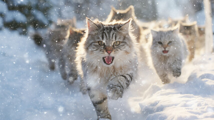 a group of cats in a dynamic pose running through fluffy snow, the onset of winter, December christmas nature