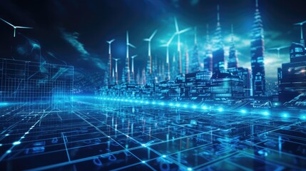 A futuristic cityscape with wind turbines in the background. The city is clean and green, with tall skyscrapers and modern architecture.