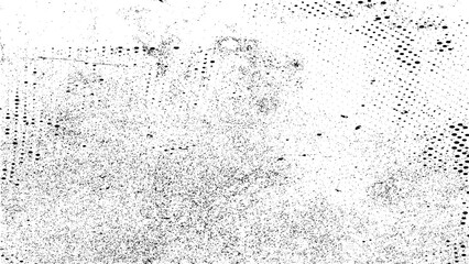 Grunge black and white pattern. Monochrome abstract texture. Dark background from cracks, stains, chips, lines. Aged halftone noise gradient texture - obrazy, fototapety, plakaty