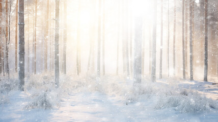 snowfall in the morning misty forest, landscape wildlife of winter, sun rays between the trees, seasonal calendar abstract background copy space December or January