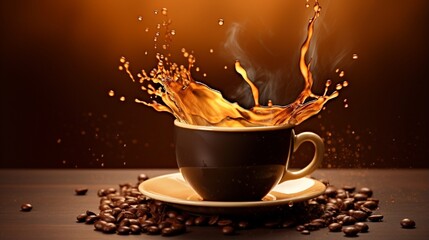splash of brownish hot coffee or chocolate on brown background.