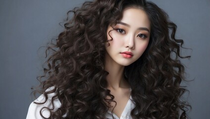 Fototapeta premium Asian Beautiful Young Woman, Korean Makeup Style and Curly Hair