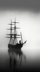 Fototapeta na wymiar black sailboat silhouette in the fog. high, narrow, vertical, panorama