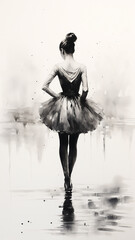 ballerina view high, vertical, narrow from the back pencil sketch on a white background black and white drawing - obrazy, fototapety, plakaty