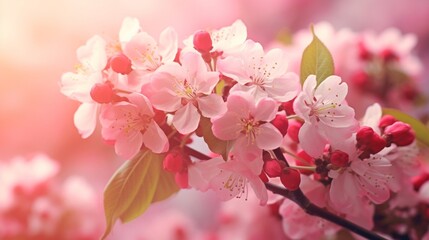 Spring background with wild apple tree blossom. Malus floribunda. Blossom pink apple tree flowers in springtime close up