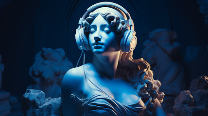 classical music concept, the head of an abstract fictional ancient female statue in modern music headphones, listening to music. - obrazy, fototapety, plakaty