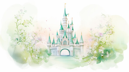 green spring castle of a fairy tale princess, watercolor soft light mint pattern isolated on a white background