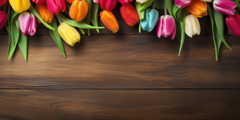 Naklejka na ściany i meble Multicolored tulips arranged in a creative pattern on a vintage wooden surface