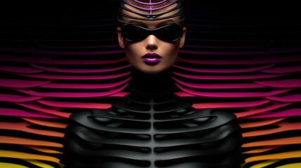 Illustration of a central model girl in an experimental futuristic fashion design by an innovative creator