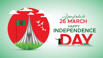 Independence Day of Bangladesh banner saying name of country and  National Martyrs' Memorial vector illustration.