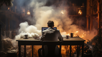 deadline concept, businessman sitting at the table view from the back, smoke coming from the table, stress, professional burnout, fatigue - obrazy, fototapety, plakaty