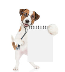 Smart jack russell terrier wearing like a doctor with stethoscope on his neck shows empty notebook....