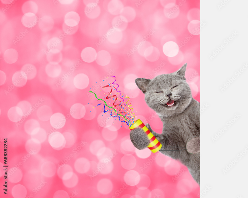 Aufkleber Happy cat holds exploding firecracker and looks from behind empty white banner. Festive pink blured background