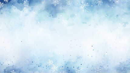 Obraz premium light blue winter background with blurred white snowflakes, watercolor Christmas greeting form, an empty copy space in the cold colors of winter