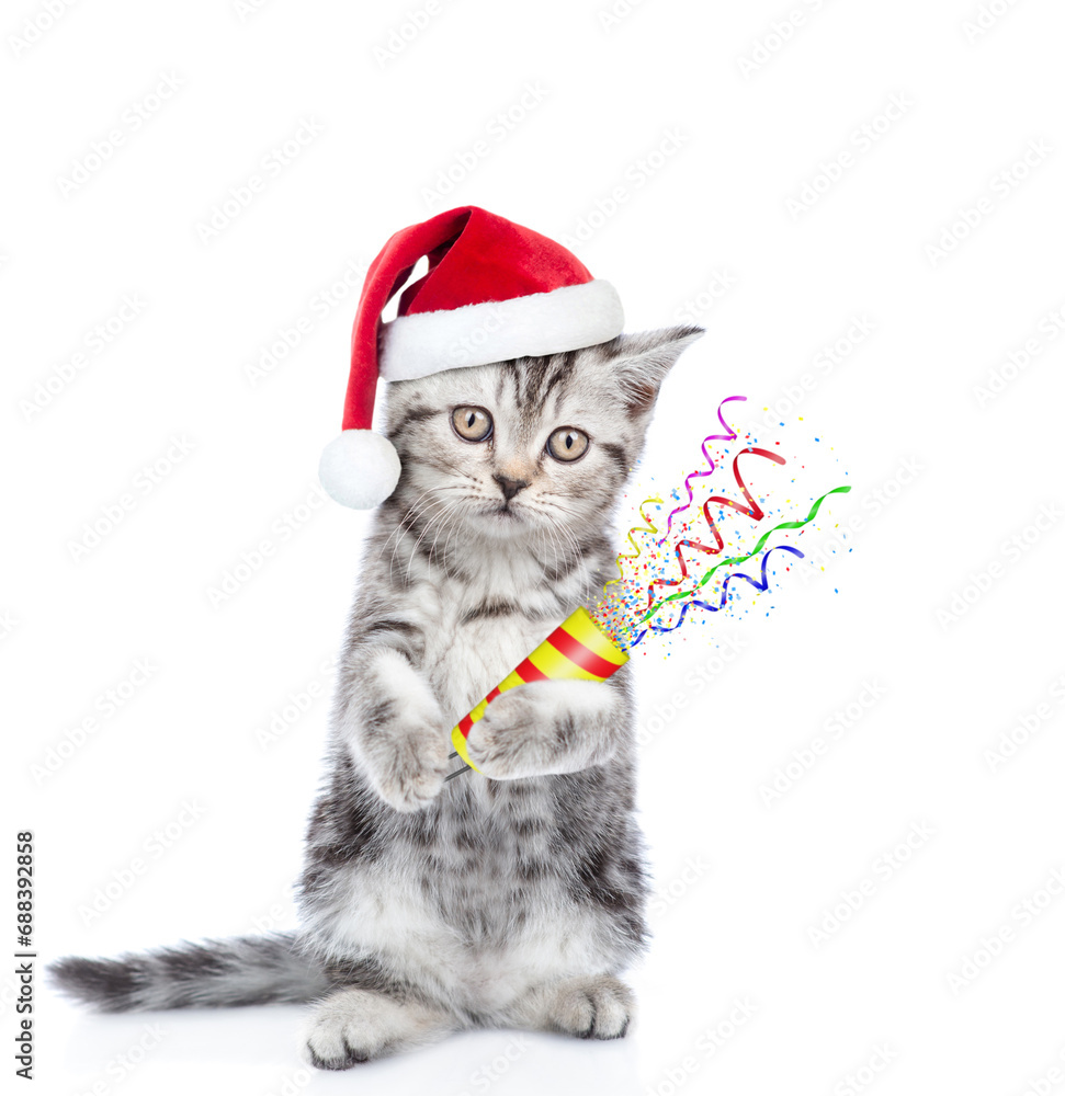 Poster cute cat wearing red santa hat holds exploding firecracker. isolated on white background