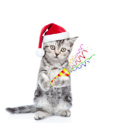 Fototapeta na wymiar Cute cat wearing red santa hat holds exploding firecracker. Isolated on white background