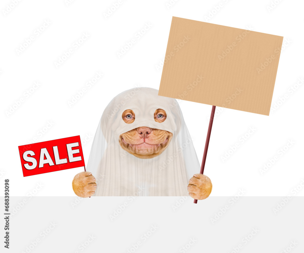 Aufkleber smiling mastiff puppy dog celebrating halloween in ghost costume, showing signboard with labeled 