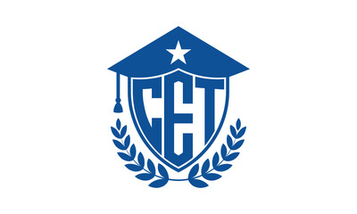 CET three letter iconic academic logo design vector template. monogram, abstract, school, college, university, graduation cap symbol logo, shield, model, institute, educational, coaching canter, tech