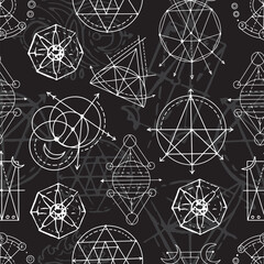 Seamless pattern with sacred geometry elements and shapes. Mystic, esoteric and occult background