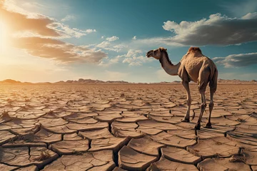 Tuinposter a camel standing in the dry cracked desert © Rangga Bimantara
